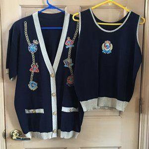 Navy & Metallic Gold Short Sleeve Cardigan and Sleeveless Top